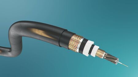 3d illustration, concept of fiber optic cable on a colored background. Future cable technology. Detailed curved cable in cross section. Powerful communication technology. Network concept.の写真素材
