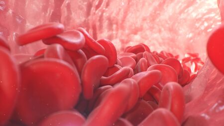 3d illustration of red blood cells inside an artery, vein. The flow of blood inside a living organism. Scientific and medical microbiological concept. Enrichment with oxygen and important nutrients.の写真素材