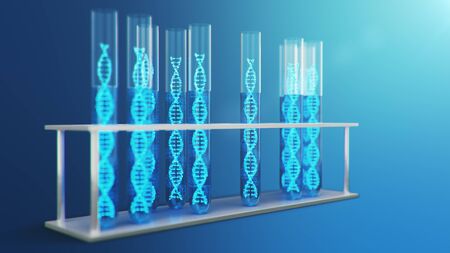 3D Illustration DNA molecule, its structure. Concept human genome. DNA molecule with modified genes....