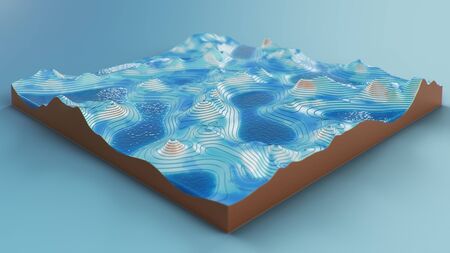 Cross section topographic 3D map with water. Contour lines on a topographic map. Studying the geography of the area: hills, mountains and plains. Cartography map on blue background. 3d illustrationの写真素材