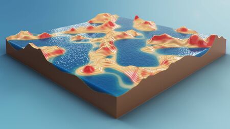 Cross section topographic 3D map with water. Contour lines on a topographic map. Studying the geography of the area: hills, mountains and plains. Cartography map on blue background, 3d illustrationの写真素材