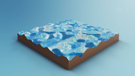 Cross section topographic 3D map with water. Contour lines on a topographic map. Studying the geography of the area: hills, mountains and plains. Cartography map on blue background, 3d illustrationの写真素材