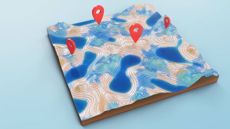 Red pointers, markers on the 3D map navigation. Contour lines on a topographic map. Studying the geography of the area: hills, mountains and plains. Cartography map on blue background, 3d illustrationの写真素材