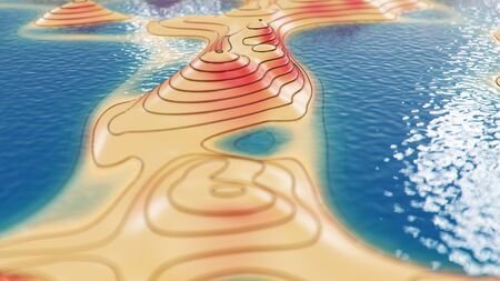 3d illustration topographic 3D map with water. Contour lines on a topographic map. Studying the geography of the area: hills, mountains and plains. Cartography concept, mountain hiking.の写真素材