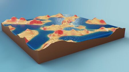 Cross section topographic 3D map with water. Contour lines on a topographic map. Studying the geography of the area: hills, mountains and plains. Cartography map on blue background, 3d illustrationの写真素材