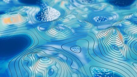 Topographic 3D map with water. Contour lines on a topographic map. Studying the geography of the area: hills, mountains and plains. Cartography concept, mountain hiking, 3d illustrationの写真素材