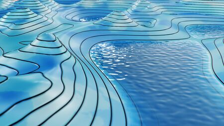 Topographic 3D map with water. Contour lines on a topographic map. Studying the geography of the area: hills, mountains and plains. Cartography concept, mountain hiking, 3d illustrationの写真素材