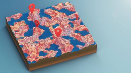 Cross section 3D Map with red point markers. Contour lines on a topographic map. Studying the geography of the area: hills, mountains and plains. Pointers on map, navigation concept. 3d illustrationの写真素材