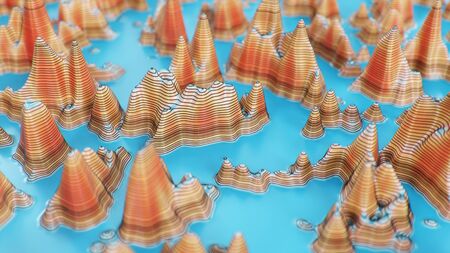 Topographic 3D map of dangerous mountain terrain. Contour lines on a topographic map. Studying geography of area: hills, mountains and plains. Cartography concept, mountain hiking. 3d illustrationの写真素材