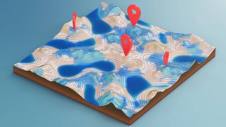 Cross section 3D Map with red point markers. Contour lines on a topographic map. Studying the geography of the area: hills, mountains and plains. Pointers on map, navigation concept. 3d illustrationの写真素材