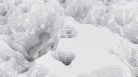 White three-dimensional topographic map. Contour lines on a topographic map. Studying the geography of the area: hills, mountains and plains. Cartography concept background, 3d illustrationの写真素材
