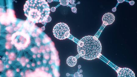 Digital molecules, atoms bacground. Grid structure, connection lines and dots. Molecule chemistry of connection lines and dots, 3D illustrationの写真素材