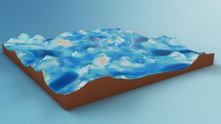 Cross section topographic 3D map with water. Contour lines on a topographic map. Studying the geography of the area: hills, mountains and plains. Cartography map on blue background, 3d illustrationの写真素材