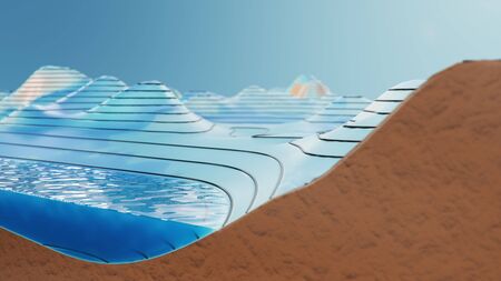 Topographic 3D map with water. Contour lines on a topographic map. Studying the geography of the area: hills, mountains and plains. Cartography concept, mountain hiking. 3d illustrationの写真素材