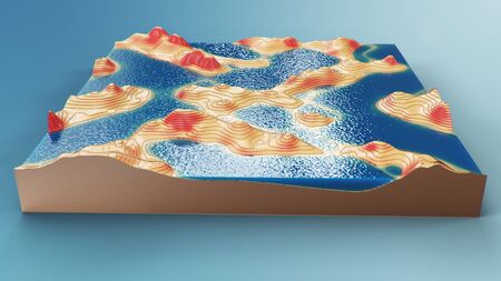 Cross section topographic 3D map with water. Contour lines on a topographic map. Studying the geography of the area: hills, mountains and plains. Cartography map on blue background, 3d illustrationの写真素材