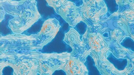 Topographic 3D map with water. Contour lines on a topographic map. Studying the geography of the area: hills, mountains and plains. Cartography concept, mountain hiking, 3d illustrationの写真素材