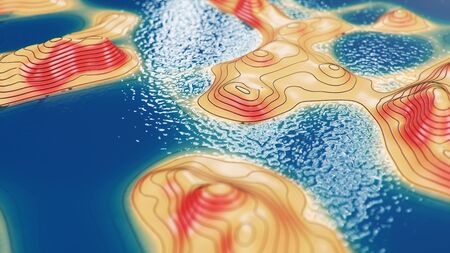 3d illustration topographic 3D map with water. Contour lines on a topographic map. Studying the geography of the area: hills, mountains and plains. Cartography concept, mountain hikingの写真素材