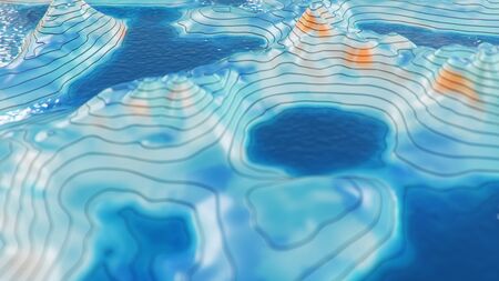 Topographic 3D map with water. Contour lines on a topographic map. Studying the geography of the area: hills, mountains and plains. Cartography concept, mountain hiking. 3d illustrationの写真素材
