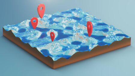 Cross section 3D Map with red point markers. Contour lines on a topographic map. Studying the...