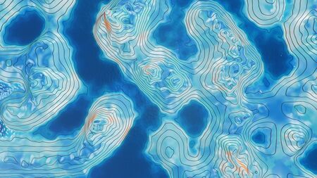Topographic 3D map with water. Contour lines on a topographic map. Studying the geography of the area: hills, mountains and plains. Cartography concept, mountain hiking, 3d illustrationの写真素材