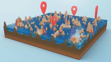 Cross section 3D Map with red point markers. Contour lines on a topographic map. Studying the geography of the area: hills, mountains and plains. Pointers on map, navigation concept, 3d illustrationの写真素材