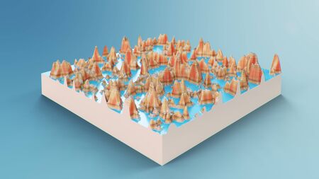 Cross section topographic 3D map. Contour lines on a topographic map. Studying the geography of the area: hills, mountains and plains. Cartography map on blue background, 3d illustrationの写真素材