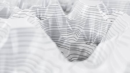 White three-dimensional topographic map. Contour lines on a topographic map. Studying the geography of the area: hills, mountains and plains. Cartography concept background, 3d illustrationの写真素材