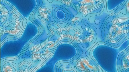 Topographic 3D map with water. Contour lines on a topographic map. Studying the geography of the area: hills, mountains and plains. Cartography concept, mountain hiking, 3d illustrationの写真素材