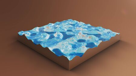 Cross section topographic 3D map with water. Contour lines on a topographic map. Studying the geography of the area: hills, mountains and plains. Cartography map on brown background. 3d illustrationの写真素材