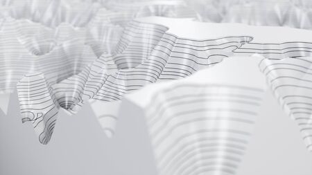 White three-dimensional topographic map. Contour lines on a topographic map. Studying the geography of the area: hills, mountains and plains. Cartography concept background. 3d illustrationの写真素材