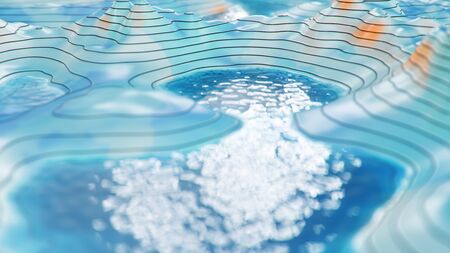 Topographic 3D map with water. Contour lines on a topographic map. Studying the geography of the area: hills, mountains and plains. Cartography concept, mountain hiking. 3d illustrationの写真素材