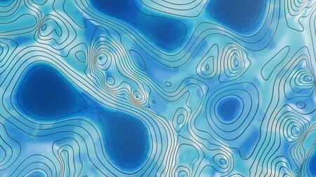 Topographic 3D map with water. Contour lines on a topographic map. Studying the geography of the area: hills, mountains and plains. Cartography concept, mountain hiking, 3d illustrationの写真素材