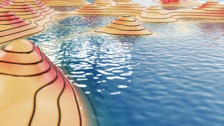 3d illustration topographic 3D map with water. Contour lines on a topographic map. Studying the geography of the area: hills, mountains and plains. Cartography concept, mountain hikingの写真素材