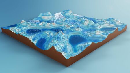 Cross section topographic 3D map with water. Contour lines on a topographic map. Studying the geography of the area: hills, mountains and plains. Cartography map on blue background. 3d illustrationの写真素材