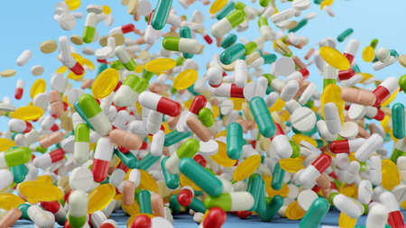 Falling pills, capsules on a blue background. Heap colorful pills. The rotating tablets form a hill. Pharmaceutical industry. Health care concept. Product from pharmacy, 3d illustrationの写真素材