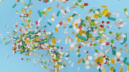 Falling pills, capsules on a blue background. Heap colorful pills. The rotating tablets form a hill. Pharmaceutical industry. Health care concept. Product from pharmacy, 3d illustrationの写真素材