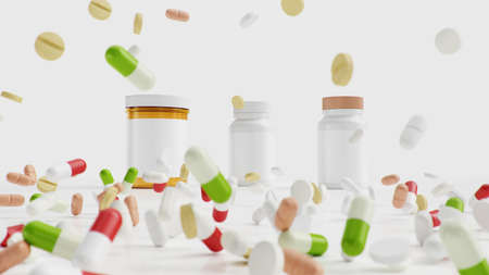 Pills on the floor with jars, different colored tablets, capsules. Health care concept. Antibiotics inside pills, vitamins. Product from pharmacy. Pharmaceutical company, industry, 3d illustrationの写真素材