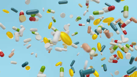 Flying, falling pills. different colored tablets, capsules. Health care concept. Antibiotics inside pills, vitamins. Product from pharmacy. Pharmaceutical company, industry, 3d illustrationの写真素材