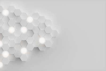 Abstract White background geometric hexagonal abstract background. Surface polygon pattern with glowing hexagons, hexagonal honeycomb. Abstract white self-luminous hexagons, 3D Illustrationの写真素材