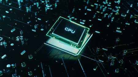 Technological background with CPU and circuit board. Flying CPU and installation in center circuit board. Neural Networking concept. Moving data transmission along lines circuit board, 3D illustrationの写真素材