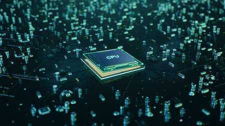 Technological background with CPU and circuit board. Flying CPU and installation in center circuit...