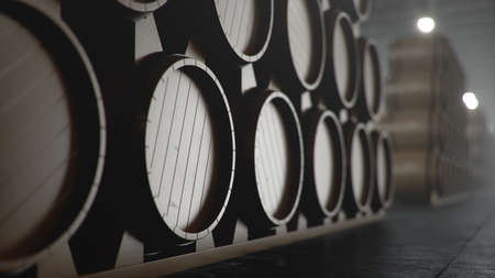 Barrels of wine, whiskey, bourbon liqueur or cognac in the basement. Aging of alcohol in oak barrels in warehouse. Wine, beer, whiskey casks stacked in a cellar, 3D illustrationの写真素材