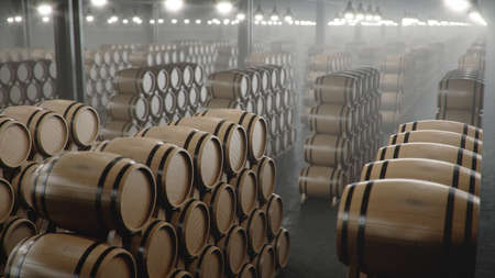 Barrels of wine, whiskey, bourbon liqueur or cognac in the basement. Aging of alcohol in oak barrels...