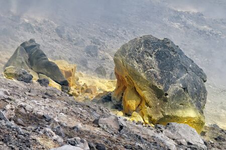 Sulphur stone - Sulfurous fumaroles in Volcano crater. Aeoilian islandsの写真素材