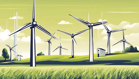 Illustration of Wind Turbines in a Green Landscape, generated by AIの素材