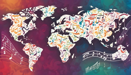 World Map Illustrated with Musical Notes and Instruments, generate aiの素材