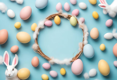 Easter composition concept. Top view photo of white circle colorful easter eggs and bunny ears on isolated pastel blue background with copyspace Generate AIの素材
