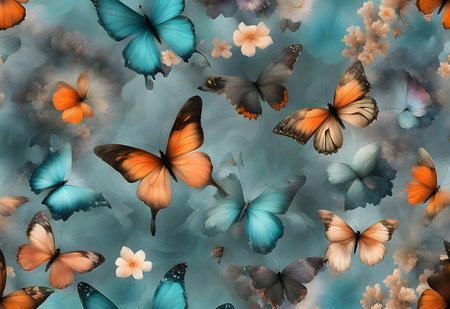 Ethereal Butterflies Amid Floral Mist. Generate AIの素材