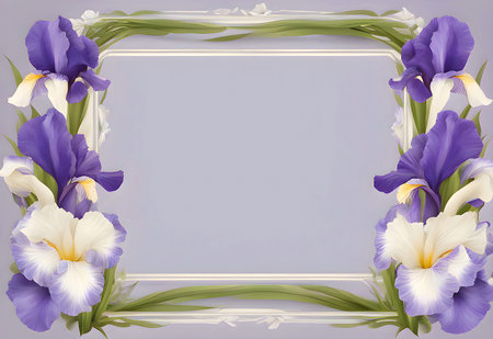 Elegant Iris Flowers Frame on Lavender Background. Generate AIの素材