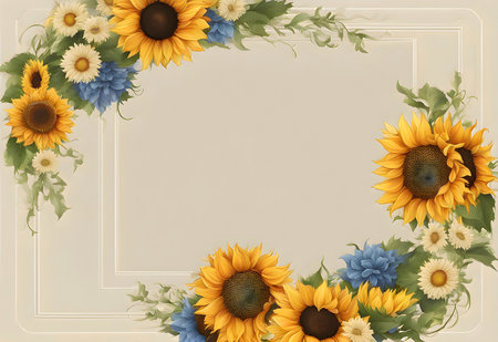 Floral Frame with Sunflowers and Daisies. Generate AIの素材